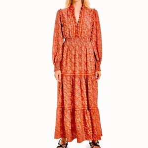 Max Studio Women's Crepe Long Sleeve Smocked Cuff Tiered Maxi Dress